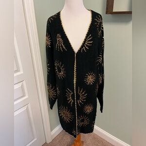 Farm Rio Black & Gold Sequin Sun Cardigan Sweater with Matching Belt Medium NWT